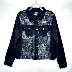 Venus Black Denim Jacket Shimmer Knitted Blues Silver Chest Pockets Boho Sz‎ XL